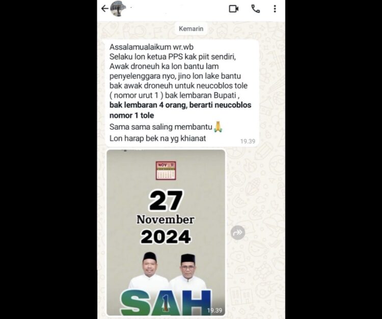 Oknum Ketua PPS di Simpang Ulim Diduga Arahkan Anggotanya Pilih Paslon Tole untuk Bupati Aceh Timur