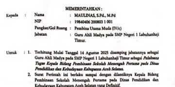 Bupati Aceh Selatan Tunjuk Guru SMP Jadi Plt. Kabid di Disdikbud
