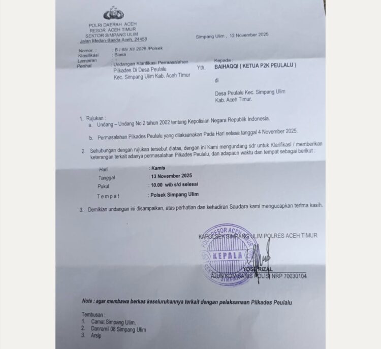 P2K Peulalu Simpang Ulim Dipanggil Polsek, Sengketa Pilkades Peulalu Kian Berliku