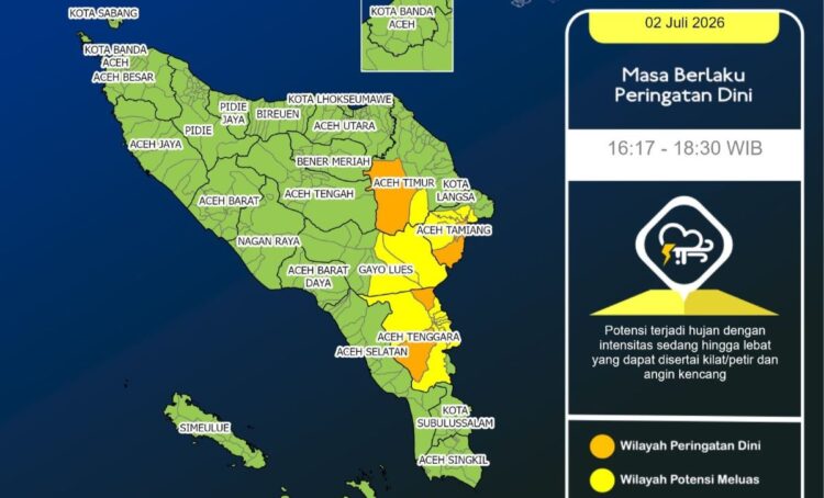 BMKG: Waspada Hujan Lebat Disertai Angin Kencang, 3 Kabupaten di Aceh Rawan Bencana